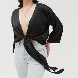 NWOT Urban Outfitters Nicole Black Satin Tie Front Top - Size Large never worn